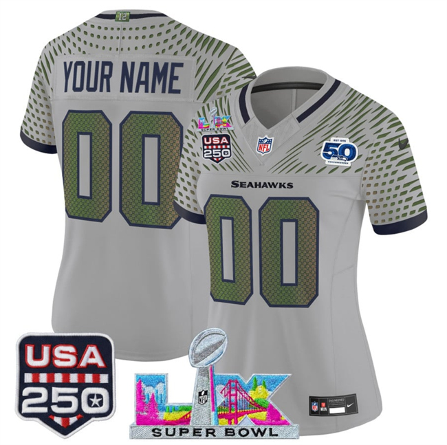 Women's Seattle Seahawks Active Player Custom Gray 2025 F.U.S.E. Super Bowl LX & US 250th anniversary Patch And 50th Season Patch “Rivalries” Vapor Limited Football Stitched Jersey(Run Small)